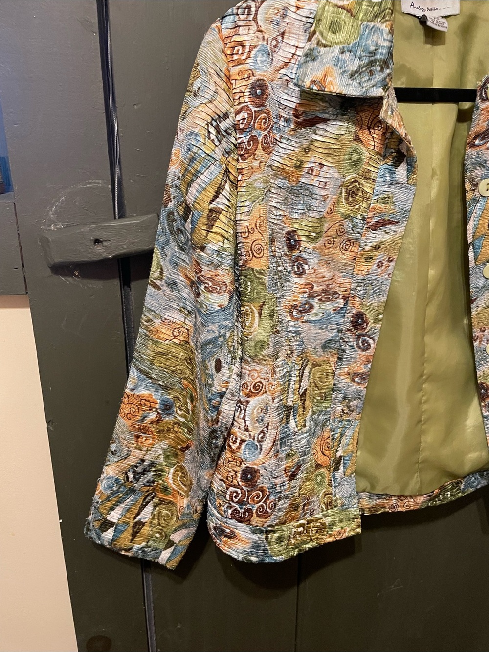 Analogy Petites  Multicolor Textured Button-Front Jacket - Green/Blue/Gold